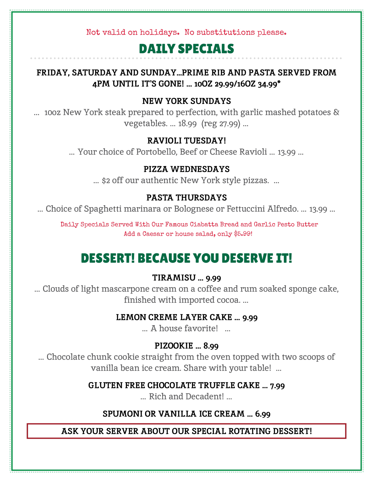 Amici Desserts and Specials Sept 2025
